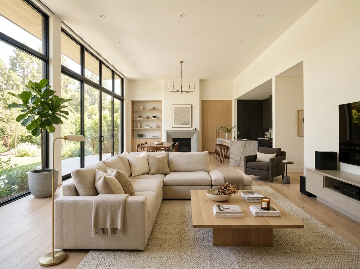 Bright living room with large windows and a garden view