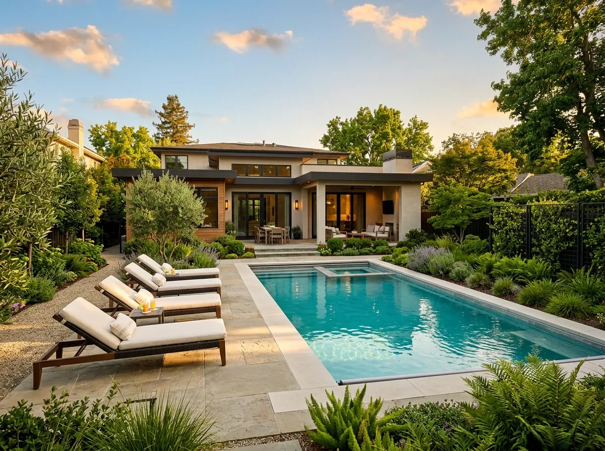 Landscaped backyard terrace with a pool at sunset